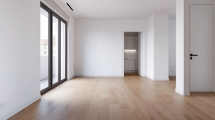 Obraz premium Modern Empty Room with Large Windows and Wooden Floor in Bright Minimalist Style Apartment Interior