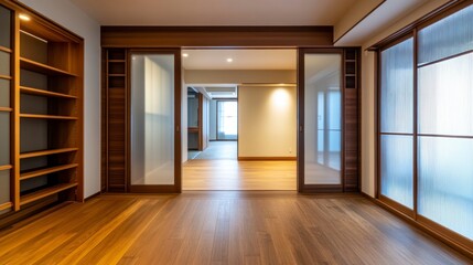 Empty Modern Room Featuring Wood Floor and Sliding Doors with Glass