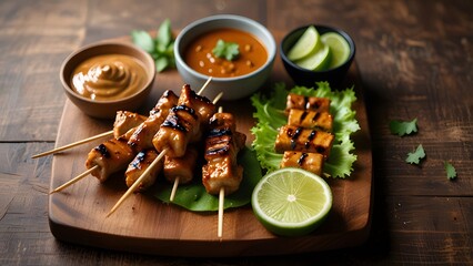 Grilled chicken satay skewers served with peanut sauce and lime slices on wooden board. Delicious Asian cuisine meal, skewers on bamboo sticks. Food photo.