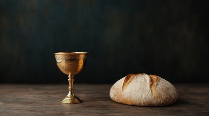 Golden Chalice and Artisan Bread on Rustic Wooden Table with Dark Background