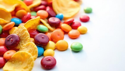 Pile of colorful candy, chips, and soda on white , carbonated drink, snack