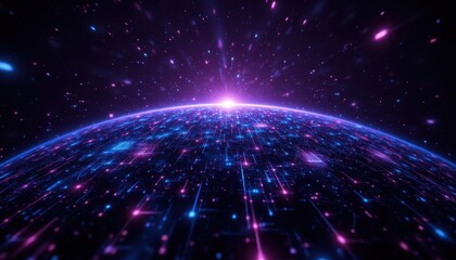 A visually striking and futuristic digital illustration depicting a network of glowing connections spread out over a stylized glob