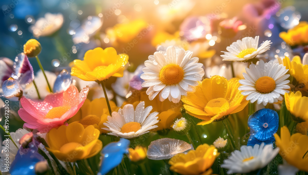 Poster a vibrant field of colorful flowers glistens with dew, creating a cheerful and refreshing atmosphere