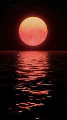 A large, glowing moon reflects on a calm ocean at night, creating a serene atmosphere.