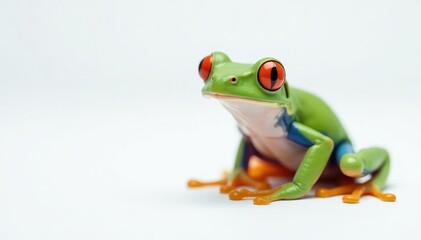 Obraz premium Single red-eyed tree frog against white backdrop, reptile, closeup