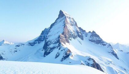 Fototapeta premium Snow-covered mountain peak against bright white sky, ice, environment