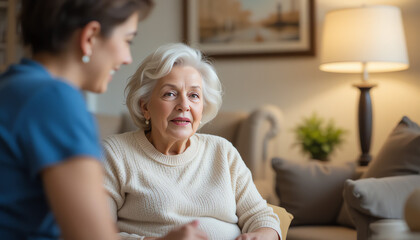 Fototapeta premium An elderly couple sitting together on a cozy sofa, enjoying their time at home