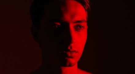 Obraz premium Young man expressing contemplation in dramatic red lighting 