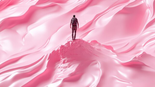 A hiker standing atop pink surface silhouette deeply etched sculptural precision visual language combines clarity grocery packaging illusionary magic trompe-l'?...a?oeil