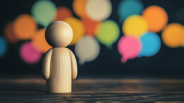 Loneliness and Communication Gap – Wooden Figure with Isolated Expression and Colorful Speech Bubbles