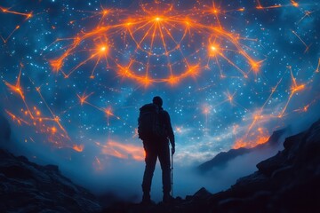 A hiker stands motionless under vast celestial dome presence illuminated by surreal contrast dark azure and pulsating orange light projections