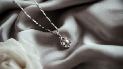 A delicate silver necklace with a shimmering pendant, elegantly displayed on a soft fabric background, exuding sophistication.