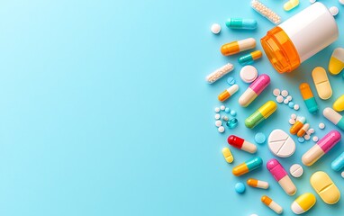 Colorful pills on light blue