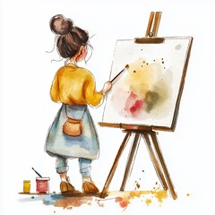 Young Woman Artist Painting Watercolor on Easel