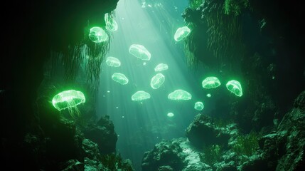 Enigmatic Bioluminescent Jellyfish in Underwater Cave