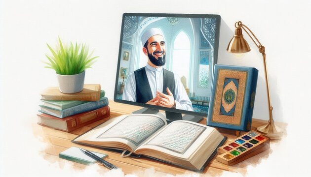 Inspirational online quran study session home office digital art cozy environment close-up view