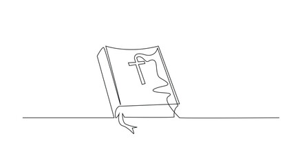 Bible with Cross, One Line Drawing on White Background