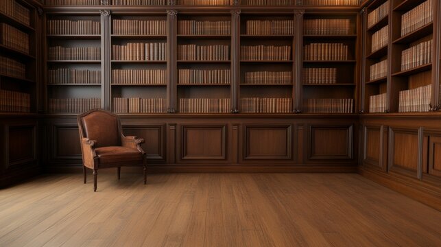 Elegant wooden library interior showcasing tall bookshelves filled with books and a cozy armchair