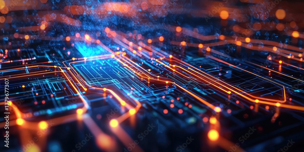 Poster A vibrant canvas of azure, where intricate networks of glowing circuits and pulsating data streams converge, a testament to the boundless possibilities of technology s fu