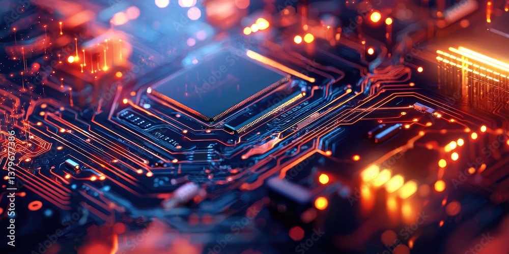 Poster A mesmerizing digital wallpaper, where a printed circuit board transforms into an abstract art piece, its intricate lines and glowing components rendered in depth and bok