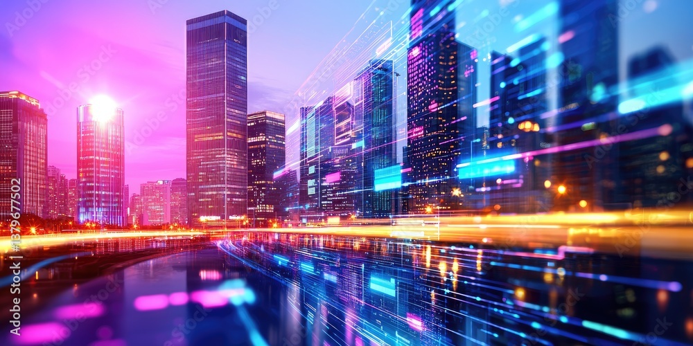Leinwandbilder A futuristic cityscape, where sleek, digital interfaces intertwine with towering skyscrapers, signifying a vibrant future driven by innovation and the interconnected worl