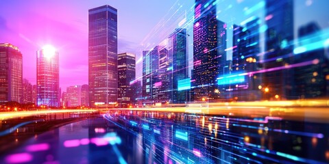 A futuristic cityscape, where sleek, digital interfaces intertwine with towering skyscrapers, signifying a vibrant future driven by innovation and the interconnected worl