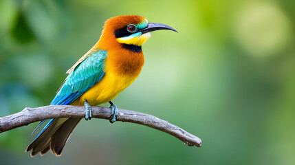 Fototapeta premium Vibrant Plumage: A Majestic Landbird Perched Amidst Lush Greenery, Colors of Orange, Blue, and Yellow Creating Captivating Contrast in Nature's Symphony of Life and Beauty