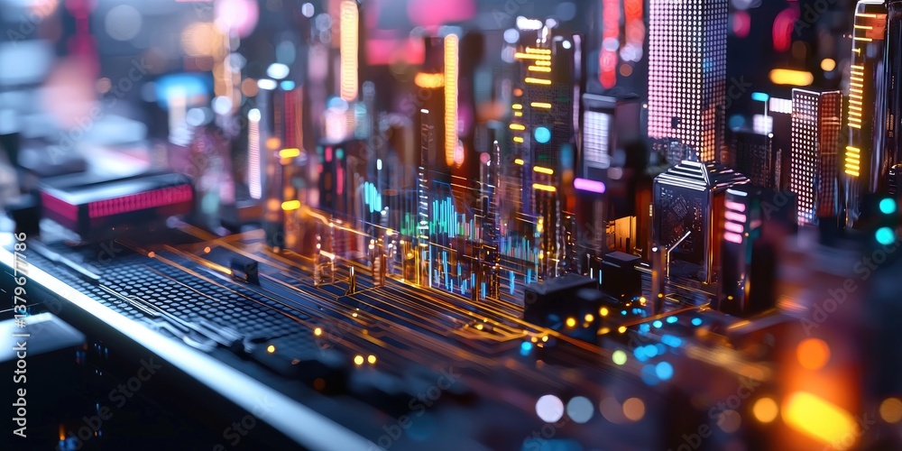 Poster a futuristic cityscape, where holographic elements shimmered, revealing abstract data charts and int