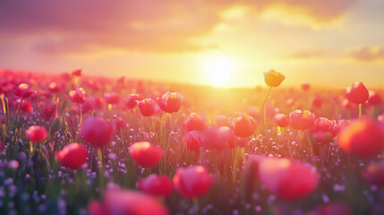  Vast field of vibrant red poppy flowers under a golden sunset
