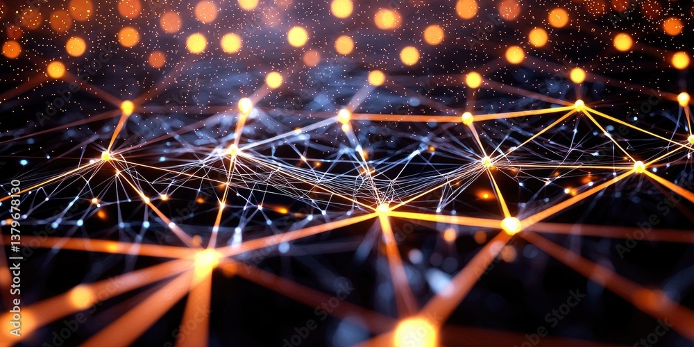 Poster A mesmerizing digital tapestry of interconnected dots and lines, forming intricate patterns reminiscent of a futuristic plexus, pulsates with an ethereal light. The abstr