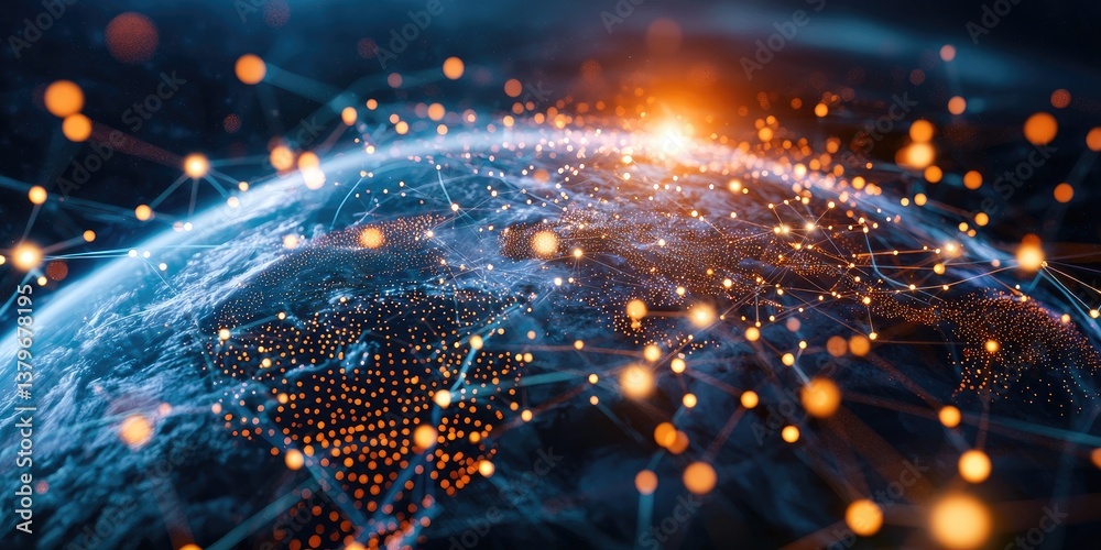 Poster A 3D rendering of Earth, where interconnected points represent a global network, symbolizing interconnectedness and global reach.