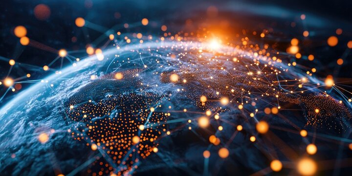 A 3D rendering of Earth, where interconnected points represent a global network, symbolizing interconnectedness and global reach.