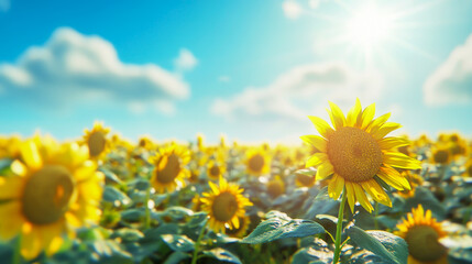 Obraz premium Vast sunflower field under a bright blue sky, golden petals glowing in sunlight