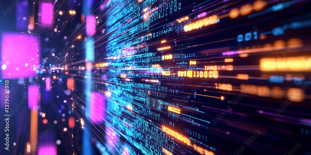 Leinwandbilder In the ethereal realm of cyberspace, a vibrant data stream flows, connecting global databases and AI, as a neural network 3D illustration unfolds, visualizing the intrica