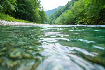 Fototapeta premium serene river flows smoothly through lush green forest, creating peaceful natural scene