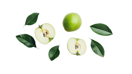Green Apple Halves with Leaves on Transparent Background