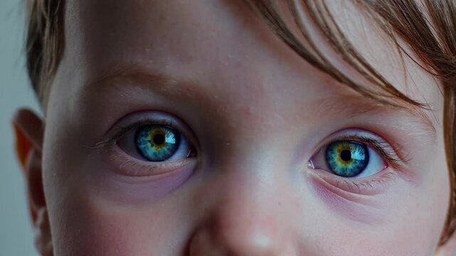 Close-up of a European child's face showcasing heterochromia, different color variations within the same eye. Bright blue, green, and light brown iris. A curious expression
