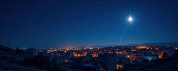 Obraz premium Bright star shining over Bethlehem, dark blue night sky , astronomy, background, bright star
