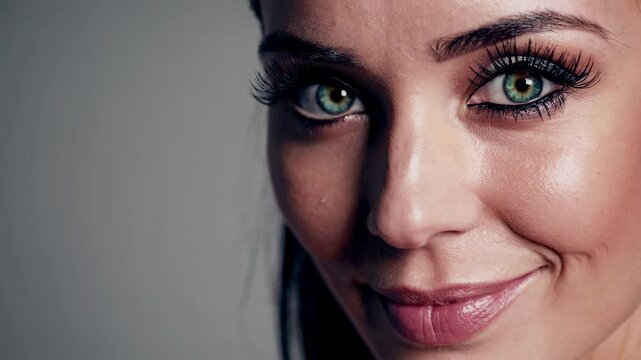 Close-up of a young European woman with heterochromia, different color variations within the same eye. Green and blue eye color. Dark long hair, makeup, and smooth skin. Neutral background