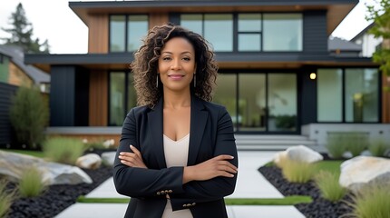 Confident female real estate agent standing in front of a modern luxury home, showcasing professionalism, success, and expertise in the property market with a welcoming and strong presence.

