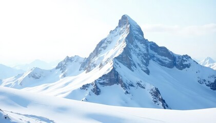 Snow-covered mountain peak against pristine white sky, snow, scenic