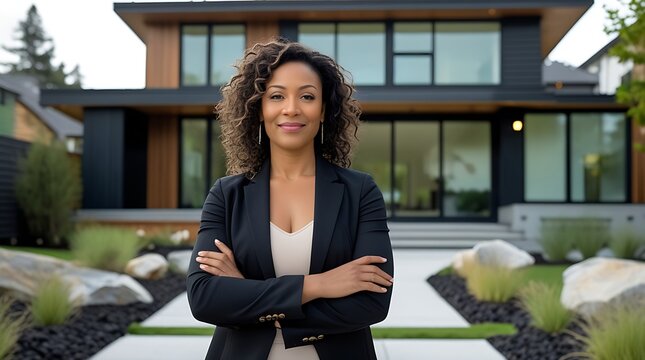Confident female real estate agent standing in front of a modern luxury home, showcasing professionalism, success, and expertise in the property market with a welcoming and strong presence.

