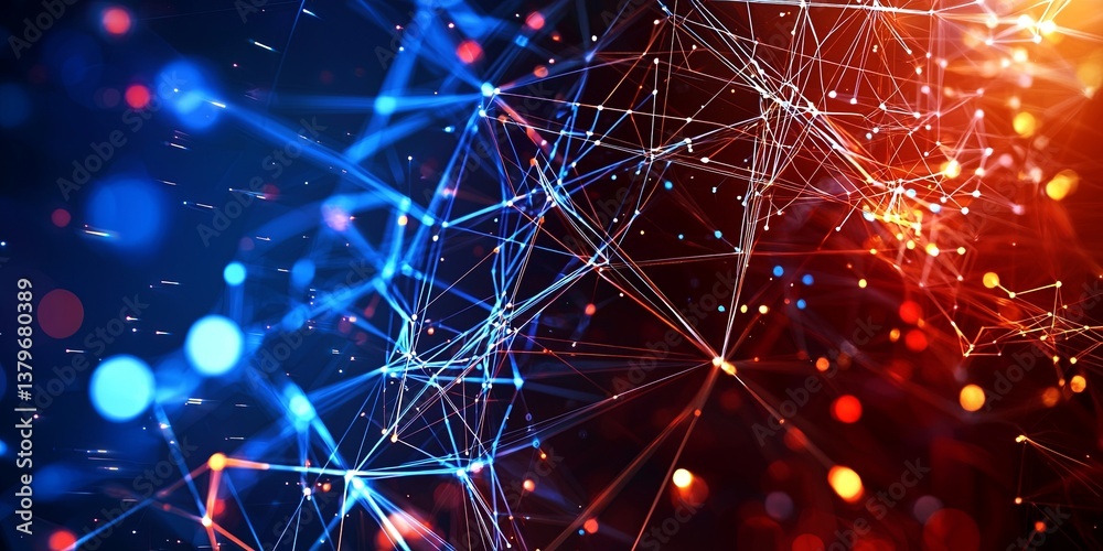 Poster A vibrant, abstract digital network, pulsating like a heartbeat, connects a multitude of nodes, representing the intricate workings of global networks. Lines and data poi