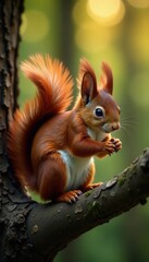 Obraz premium Curious red squirrel perched on branch, bushy tail alert, inquisitive, red squirrel