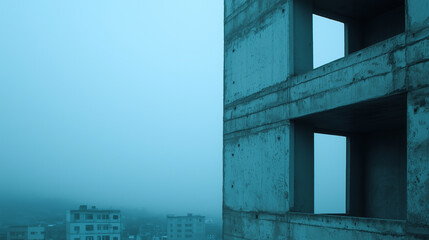 foggy urban scene with concrete building and distant cityscape creates moody atmosphere