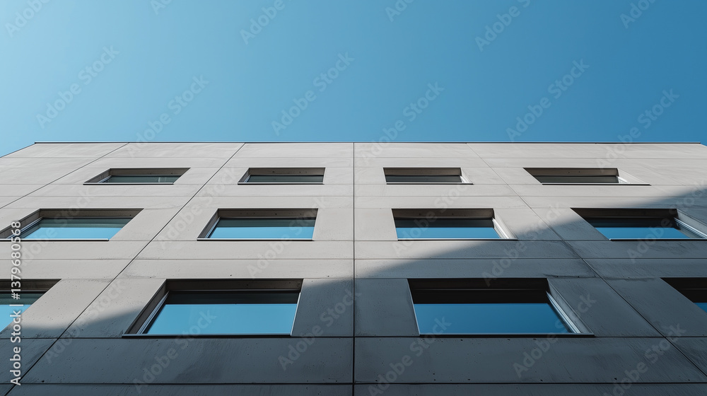 Poster Modern building facade with multiple windows under clear blue sky. Minimalist architecture