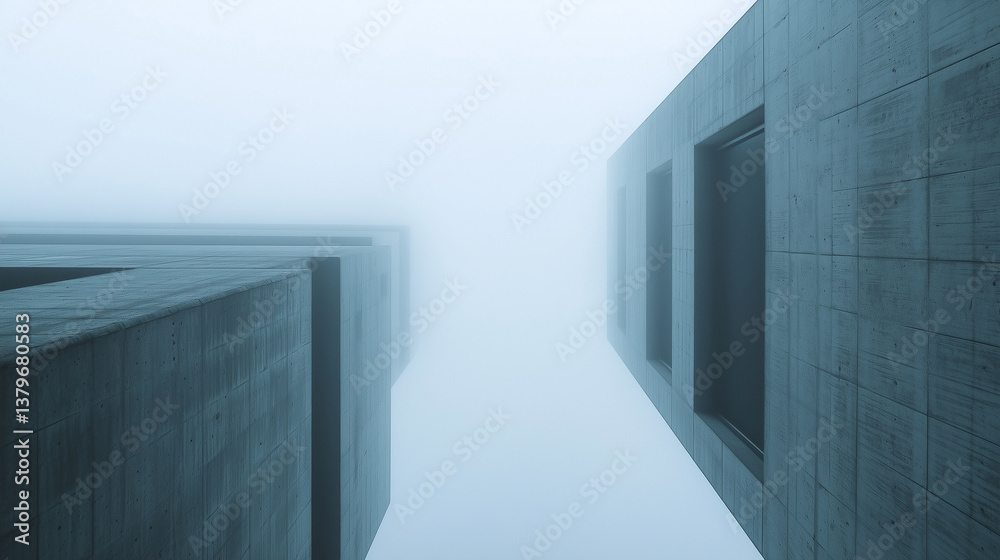 Poster low angle view of modern concrete buildings disappearing into fog creates mysterious atmosphere