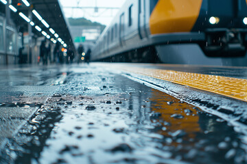 low angle view of wet train platform with raindrops, capturing essence of rainy day at station