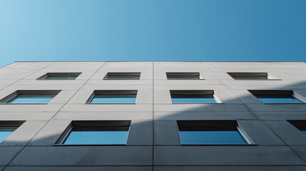 Modern building facade with multiple windows under clear blue sky. Minimalist architecture