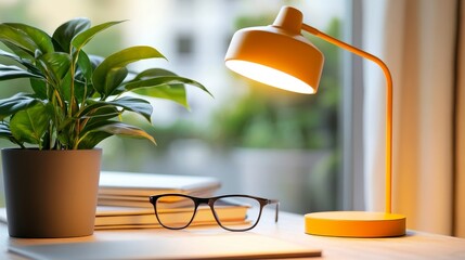 Cozy workspace with a yellow lamp illuminating glasses and a potted plant by a window